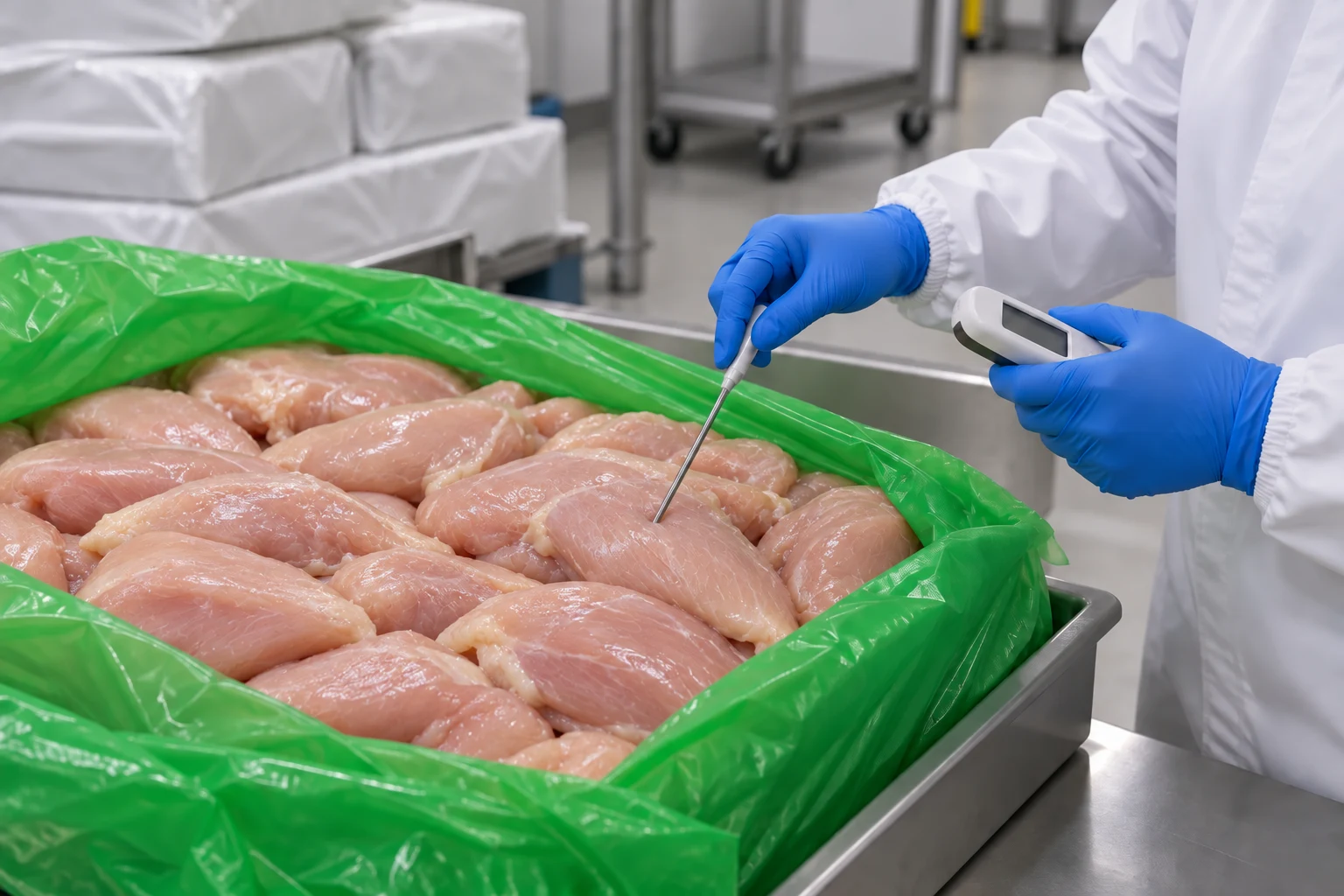 原料到货验收场景示意:在工厂现场检查鸡胸肉温度