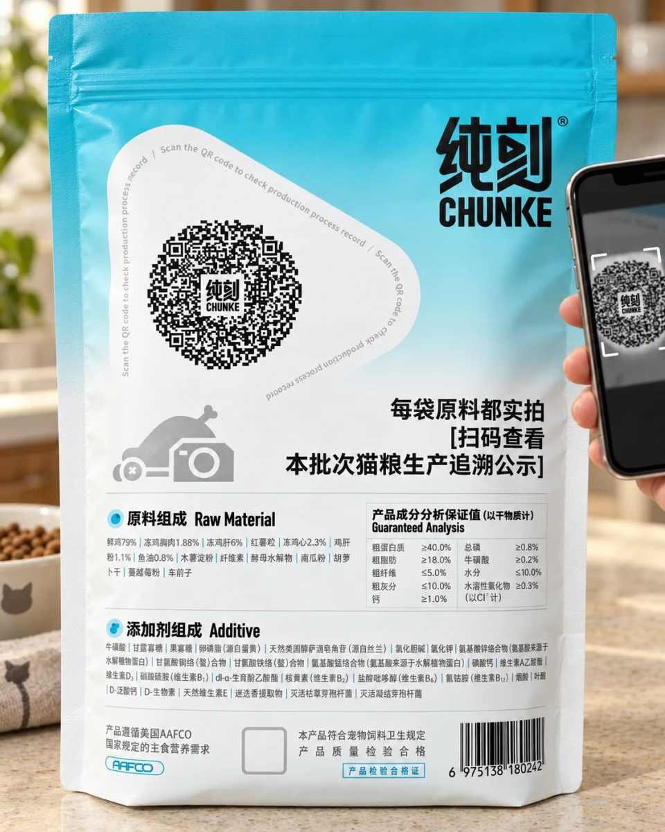 扫码场景示意:参考真实 B40 背面包装,用手机对准袋上的二维码查看所属批次资料